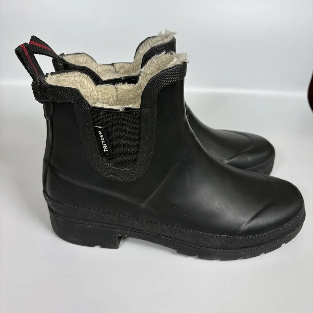 Tretorn Lina Black Waterproof Chelsea Ankle Rain Boots Womens 6 M Faux Fur Lined